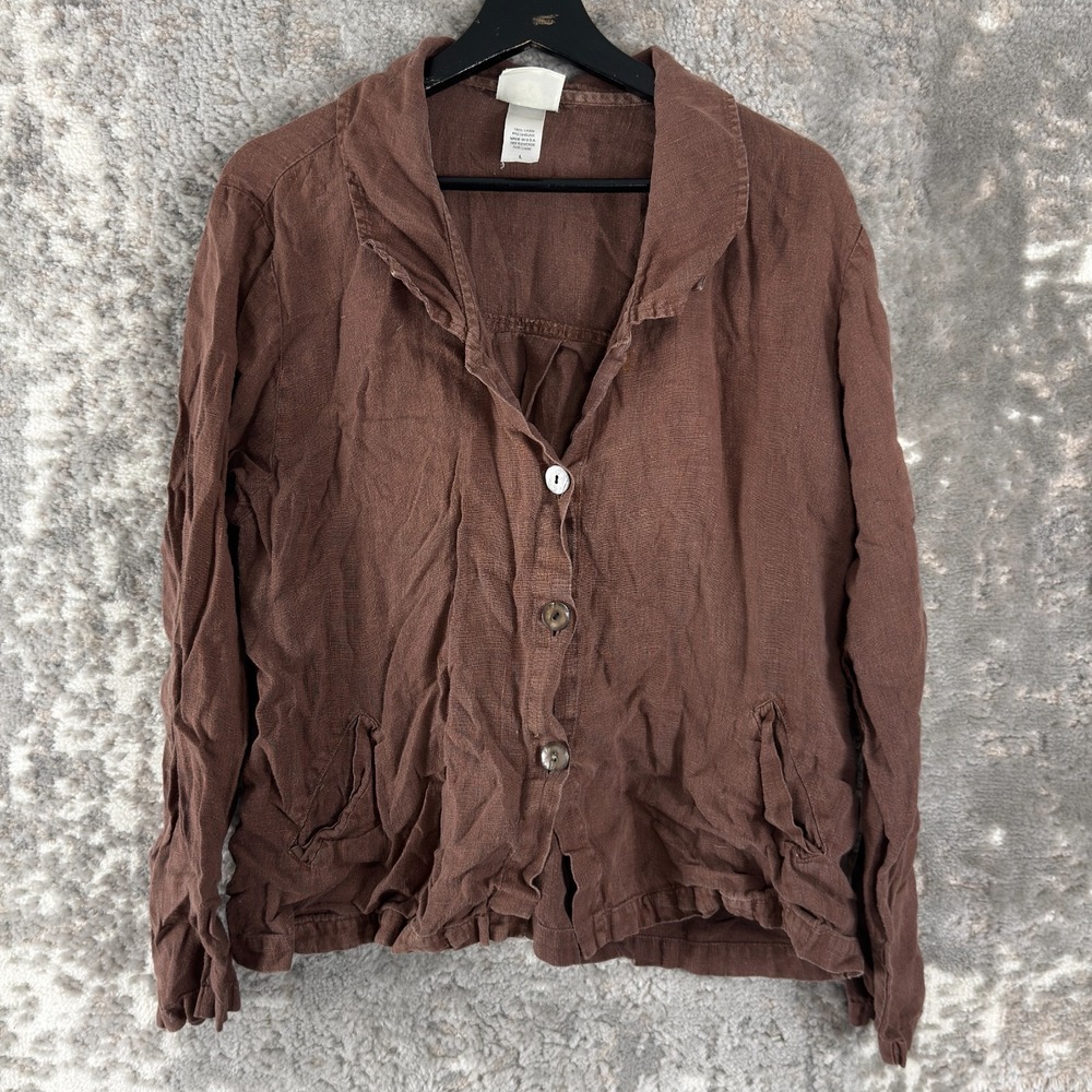 Tom Tom Size L Casual Linen Button Top Brown V Neck Long Sleeve Pocket